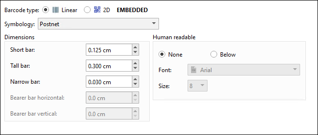 An example configuration for a Postnet barcode.